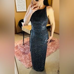 Vintage 90s Scala fully beaded Gunmetal iridescent mermaid shimmer prom dress M